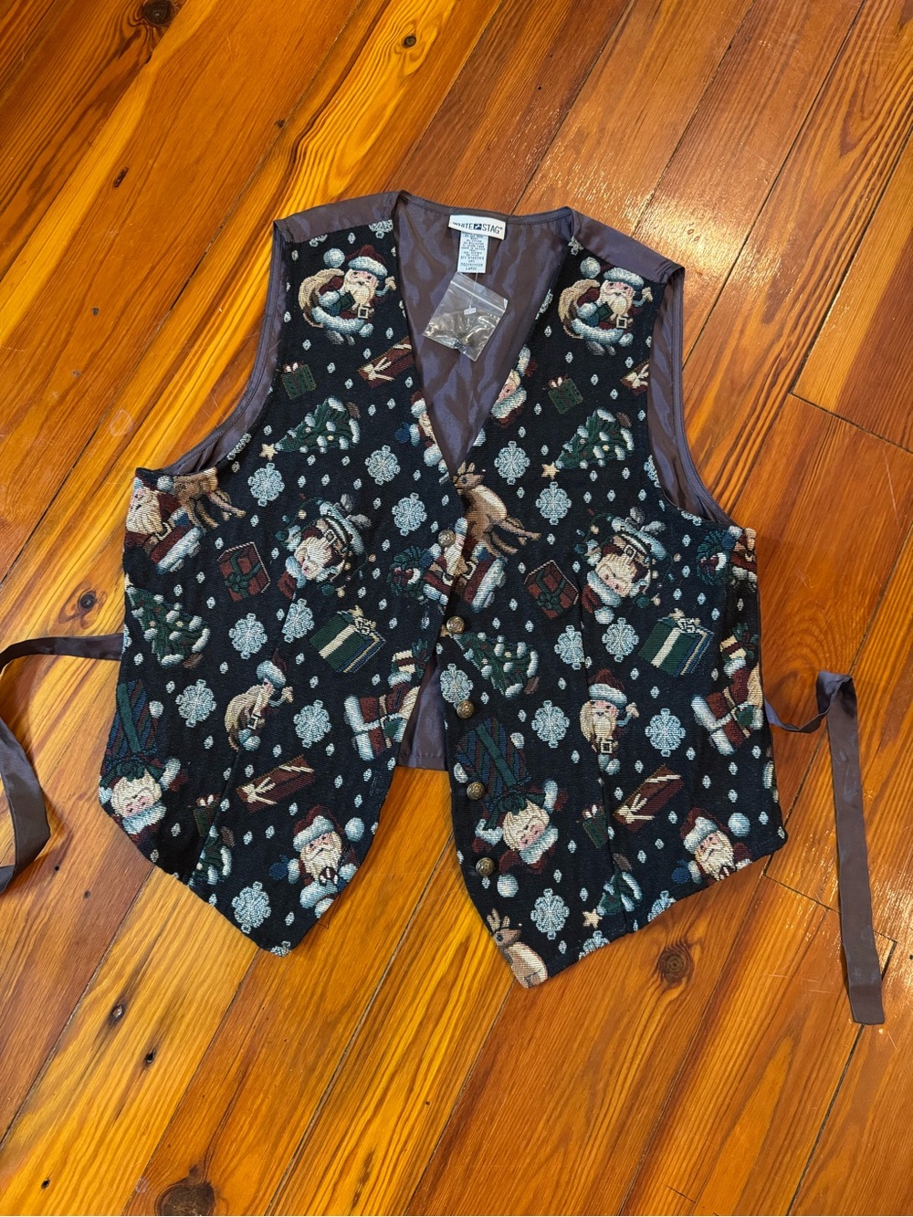 White Stag Black Holiday Tapestry Vest with Santa Motif